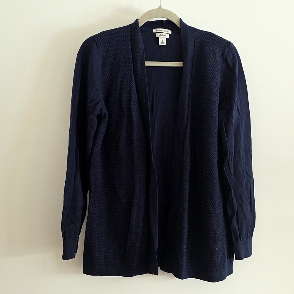 LL Bean Cardigan Sweater Womens sz M Blue Textured Knit Open Front Supima Cotton